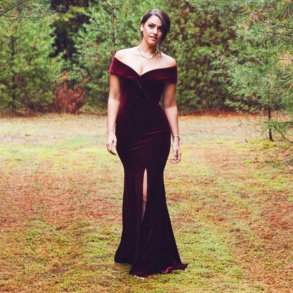Oxblood Off Shoulder Velvet Gown